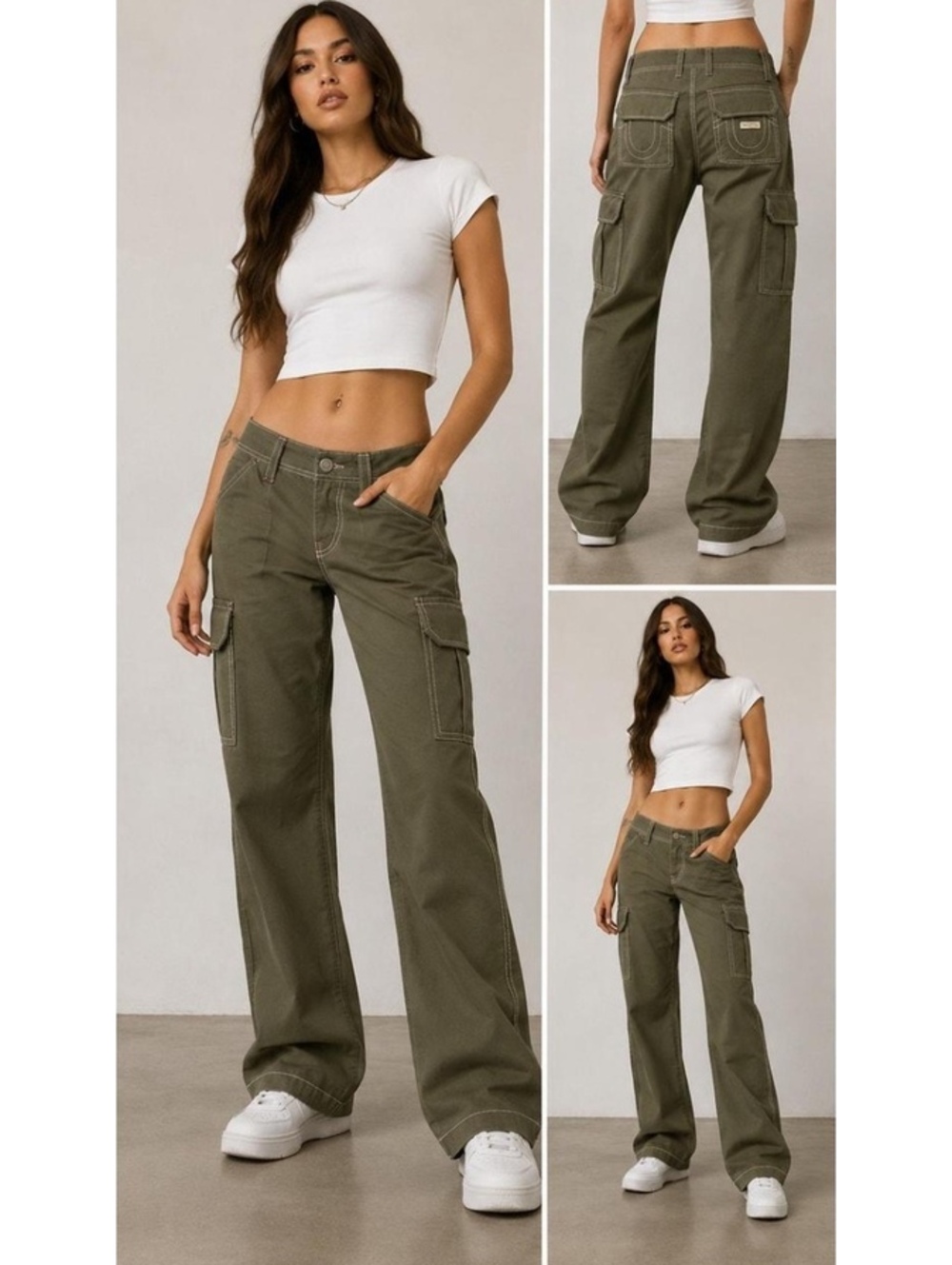 True religion Khaki Military Cotton Blend Womens Cargo Trousers